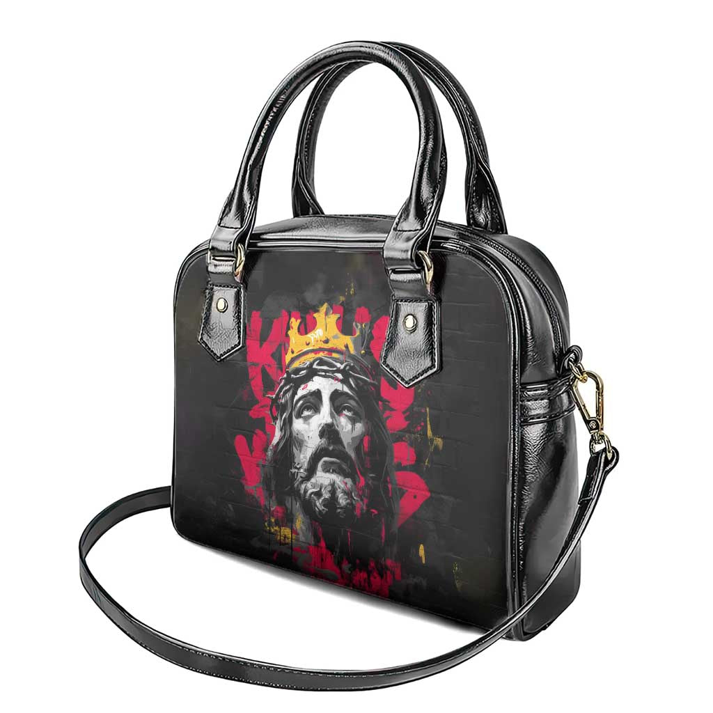 Jesus Graffiti Design Shoulder Handbag Crowned Portrait and Urban Street Art Style in Red Yellow Black Theme TS04