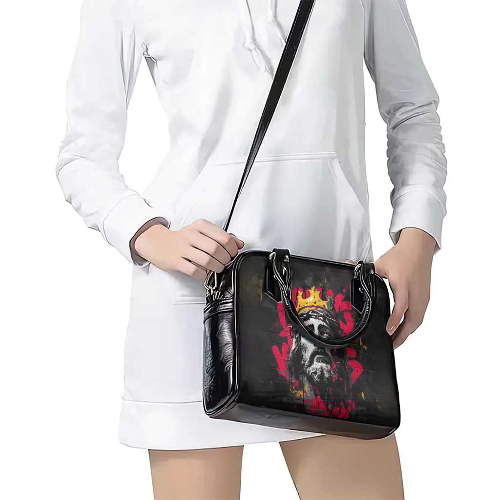 Jesus Graffiti Design Shoulder Handbag Crowned Portrait and Urban Street Art Style in Red Yellow Black Theme TS04