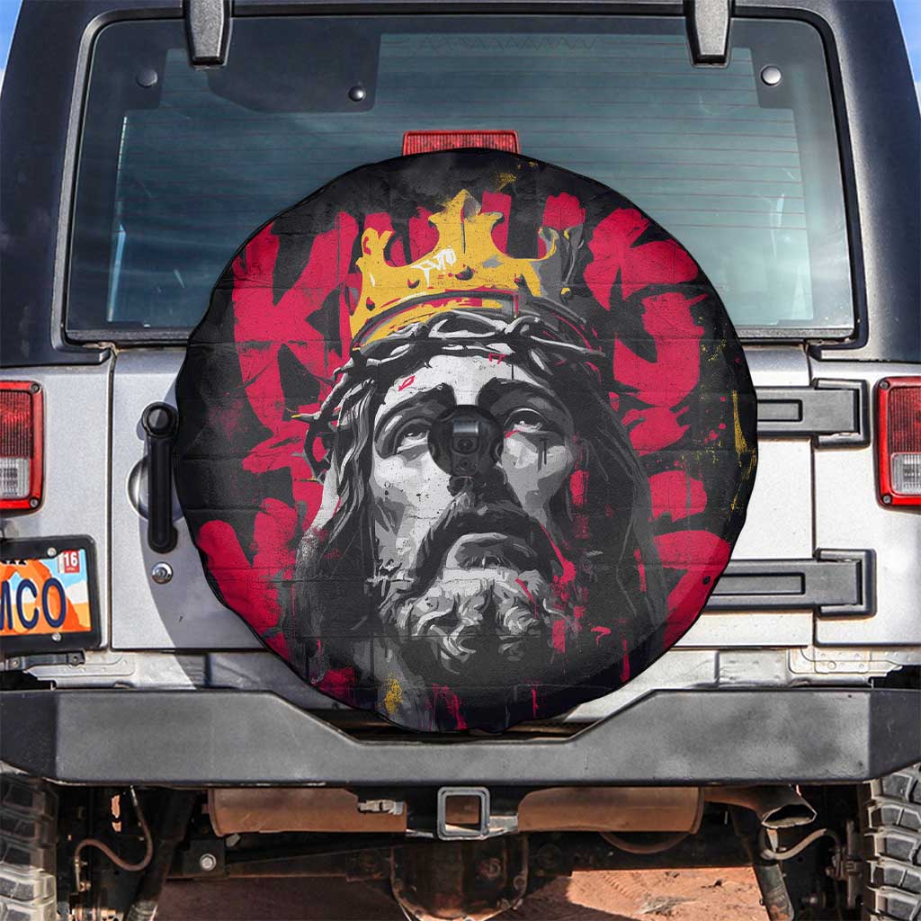 Jesus Graffiti Design Spare Tire Cover Crowned Portrait and Urban Street Art Style in Red Yellow Black Theme TS04