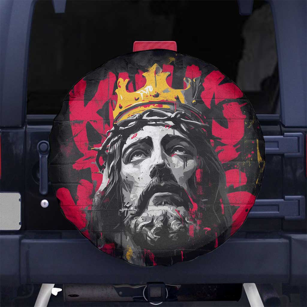 Jesus Graffiti Design Spare Tire Cover Crowned Portrait and Urban Street Art Style in Red Yellow Black Theme TS04