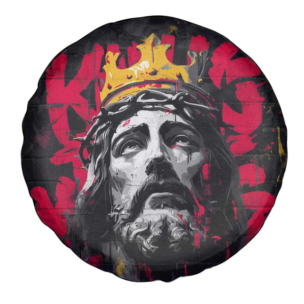 Jesus Graffiti Design Spare Tire Cover Crowned Portrait and Urban Street Art Style in Red Yellow Black Theme TS04
