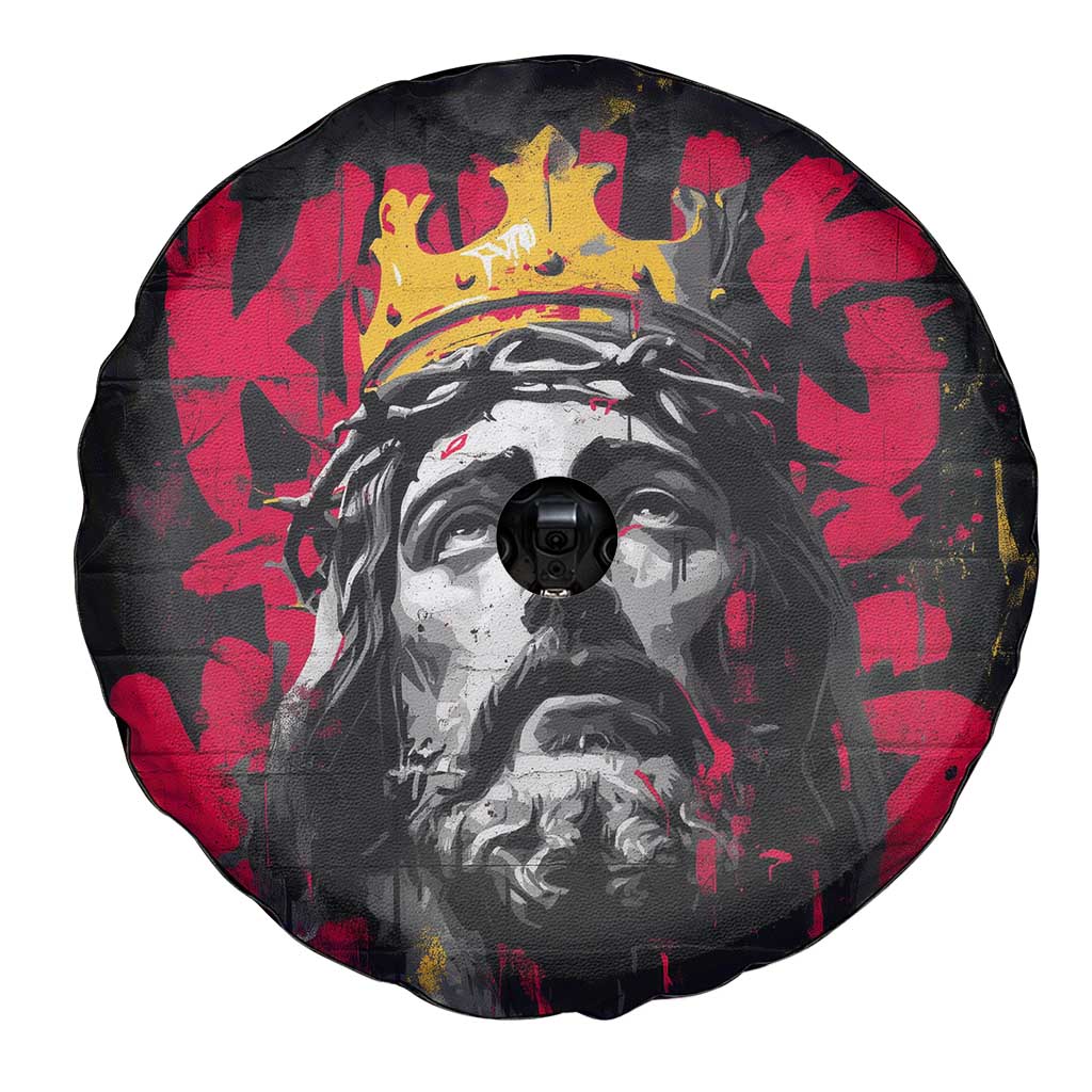 Jesus Graffiti Design Spare Tire Cover Crowned Portrait and Urban Street Art Style in Red Yellow Black Theme TS04