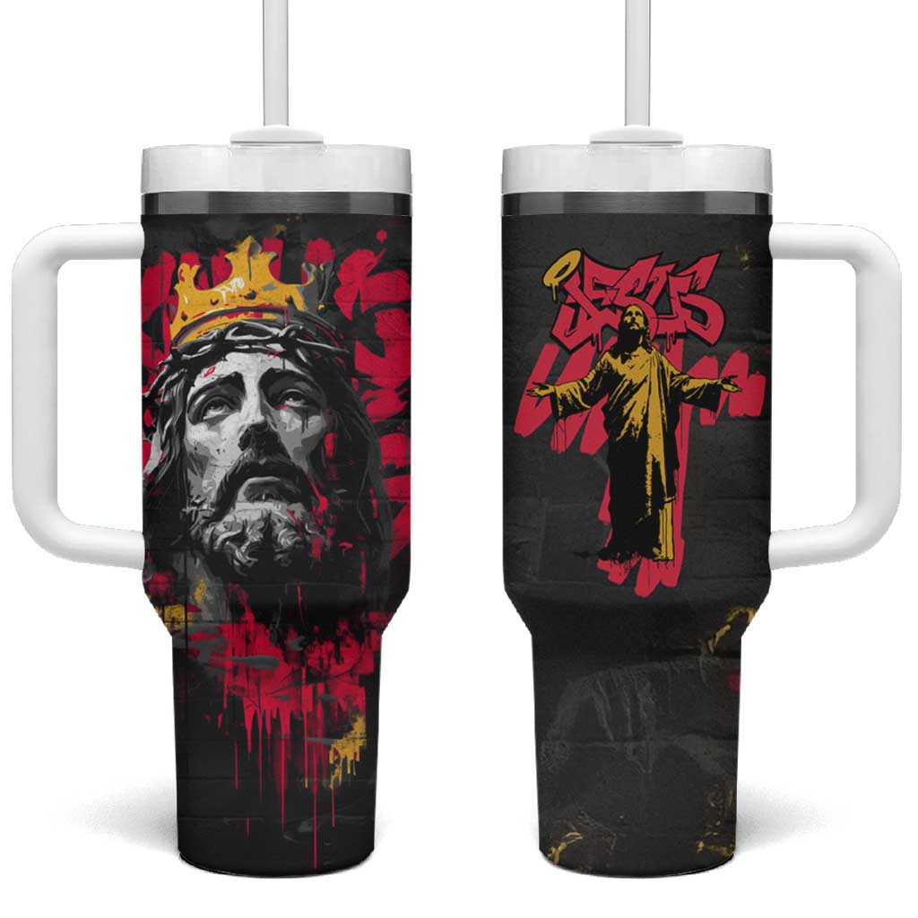 Jesus Graffiti Design Tumbler With Handle Crowned Portrait and Urban Street Art Style TS04