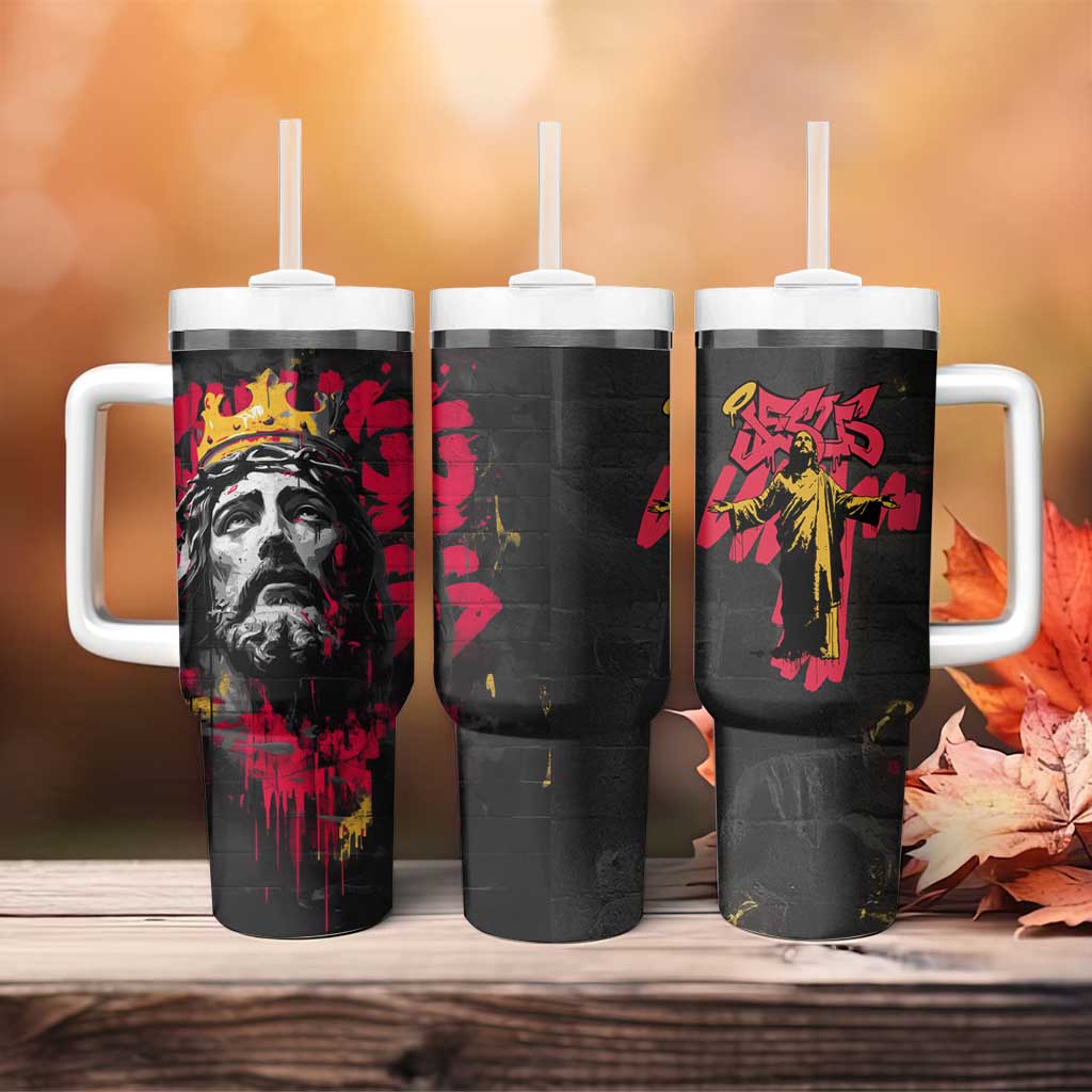 Jesus Graffiti Design Tumbler With Handle Crowned Portrait and Urban Street Art Style TS04
