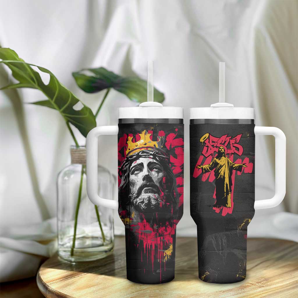 Jesus Graffiti Design Tumbler With Handle Crowned Portrait and Urban Street Art Style TS04