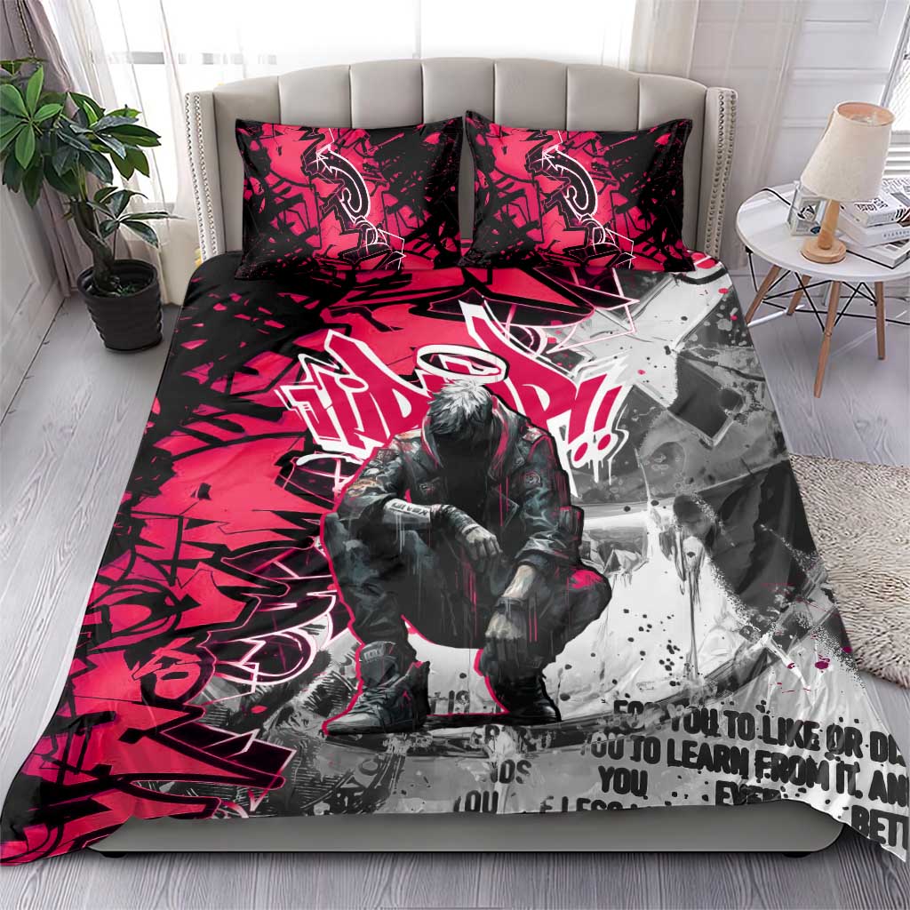 Hip Hop Graffiti Design Bedding Set Sitting Hooded Figure and Red Black Street TS04