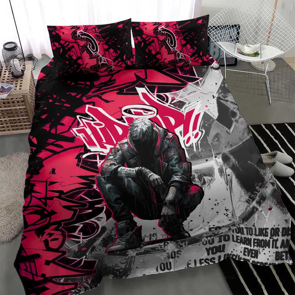 Hip Hop Graffiti Design Bedding Set Sitting Hooded Figure and Red Black Street TS04