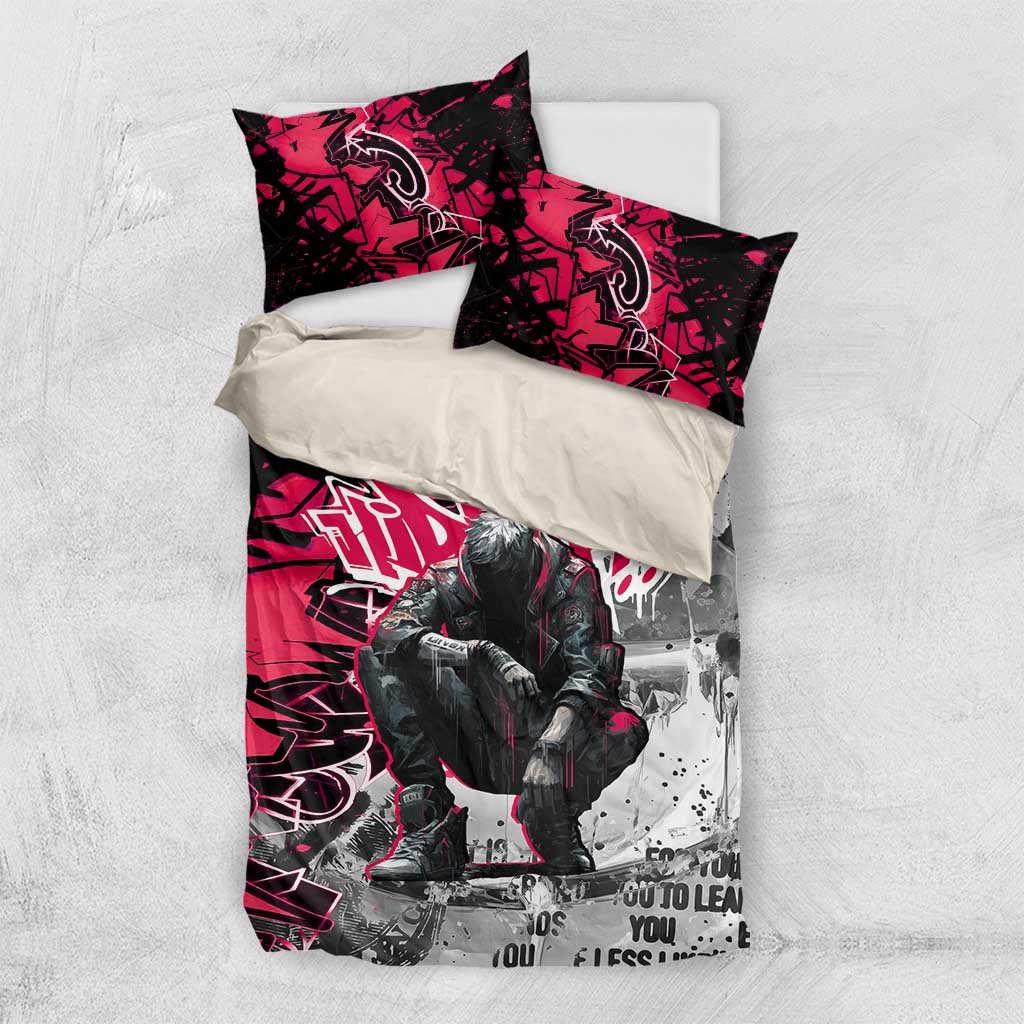 Hip Hop Graffiti Design Bedding Set Sitting Hooded Figure and Red Black Street TS04
