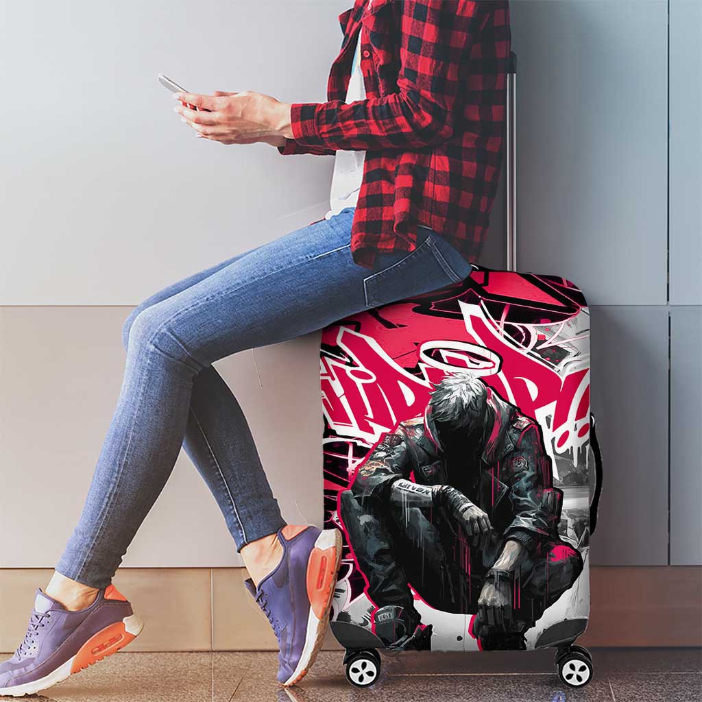 Hip Hop Graffiti Design Luggage Cover Sitting Hooded Figure and Red Black Street Art Elements TS04