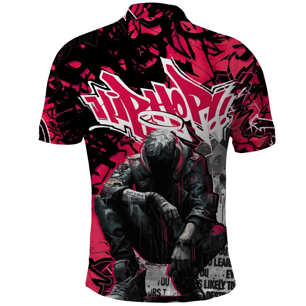 Hip Hop Graffiti Design Polo Shirt Sitting Hooded Figure and Red Black Street Art Elements TS04