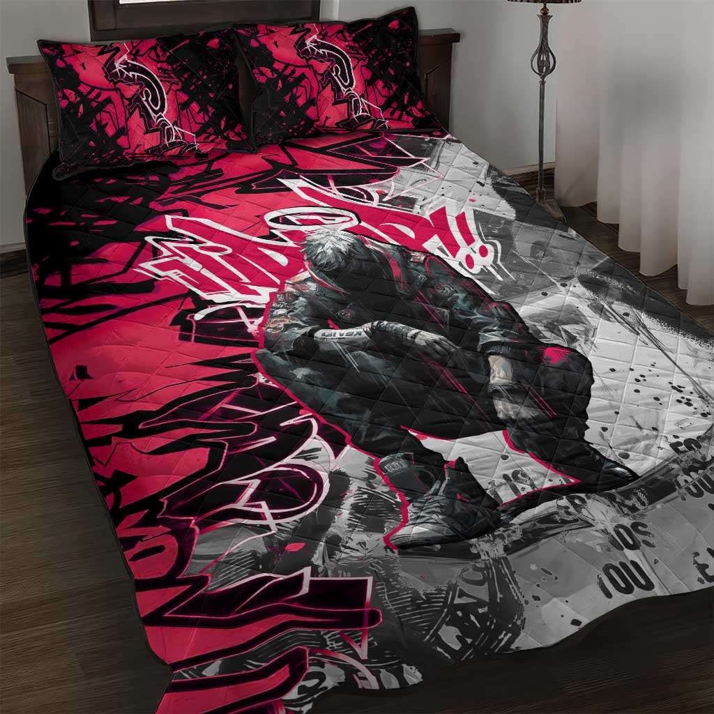 Hip Hop Graffiti Design Quilt Bed Set Sitting Hooded Figure and Red Black Street TS04
