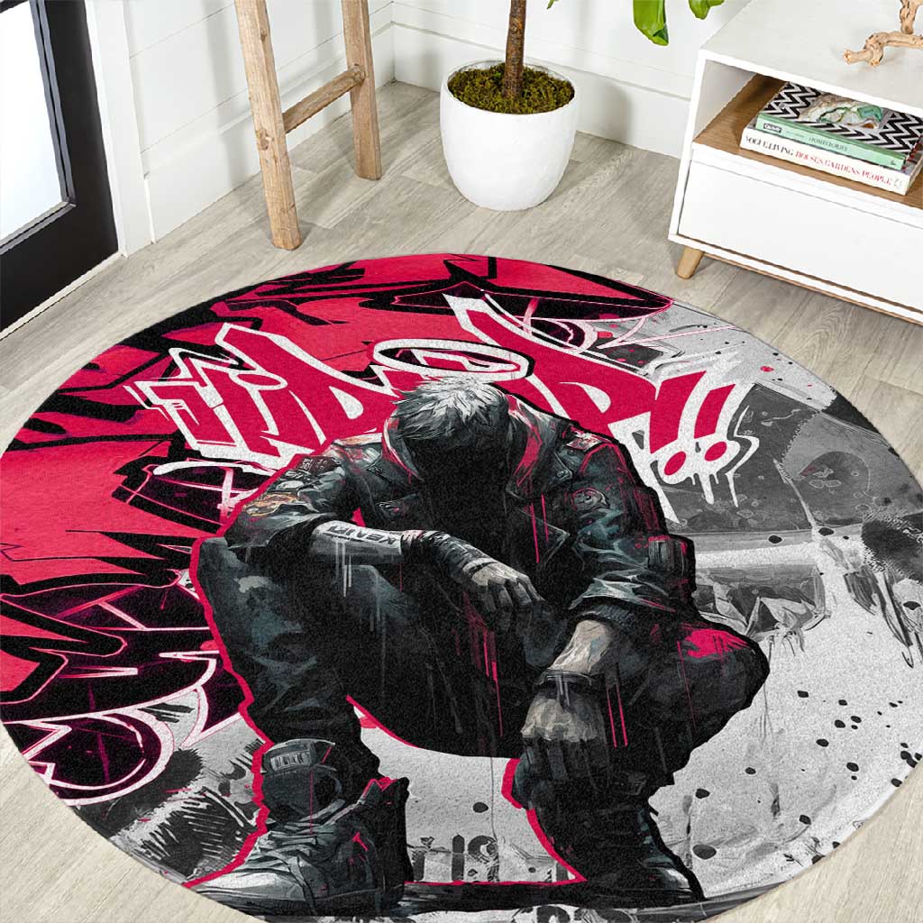 Hip Hop Graffiti Design Round Carpet Sitting Hooded Figure and Red Black Street TS04