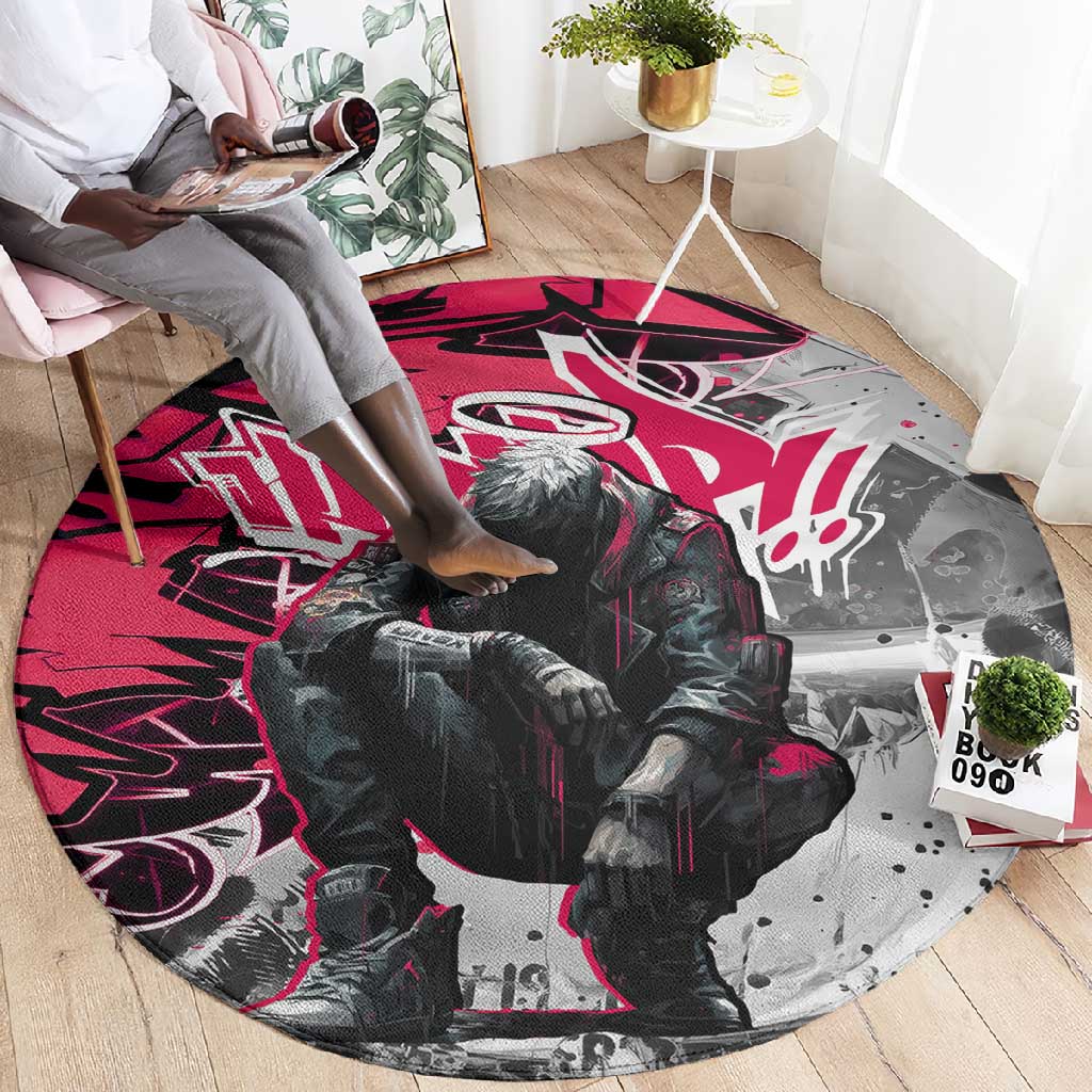 Hip Hop Graffiti Design Round Carpet Sitting Hooded Figure and Red Black Street TS04