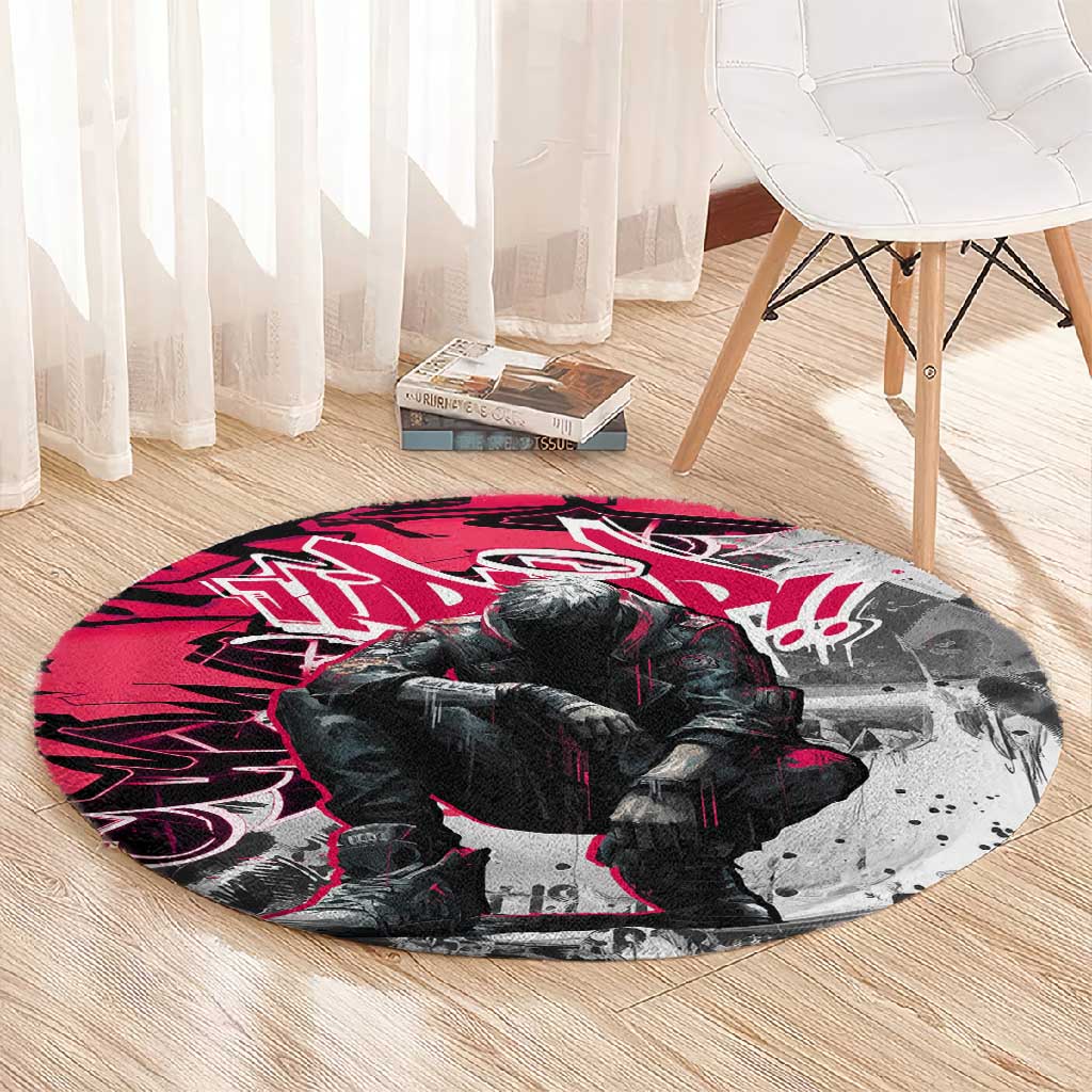 Hip Hop Graffiti Design Round Carpet Sitting Hooded Figure and Red Black Street TS04