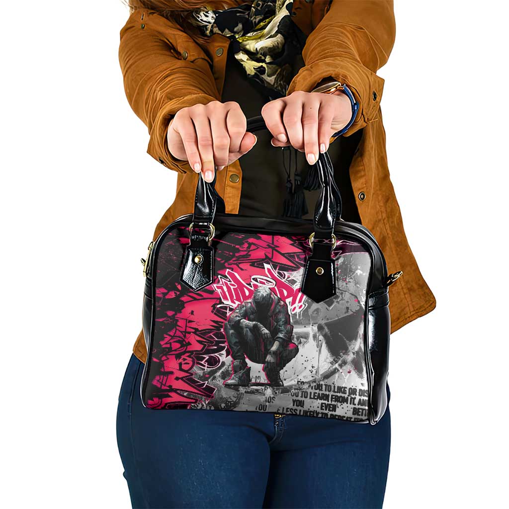 Hip Hop Graffiti Design Shoulder Handbag Sitting Hooded Figure and Red Black Street Art Elements TS04