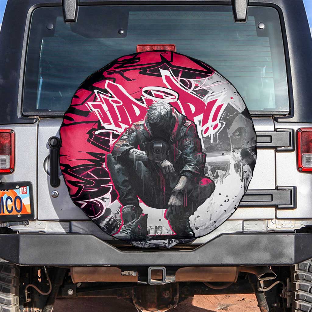 Hip Hop Graffiti Design Spare Tire Cover Sitting Hooded Figure and Red Black Street Art Elements TS04