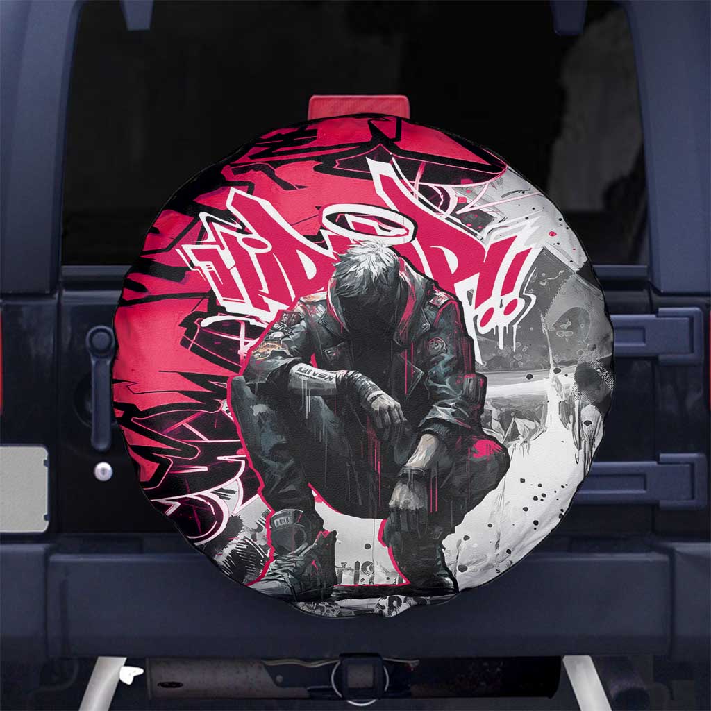 Hip Hop Graffiti Design Spare Tire Cover Sitting Hooded Figure and Red Black Street Art Elements TS04