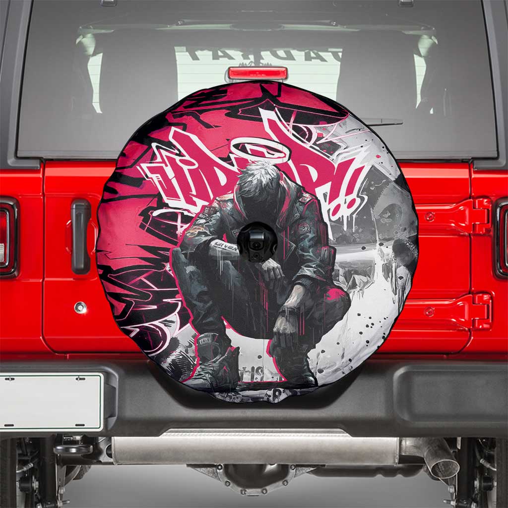 Hip Hop Graffiti Design Spare Tire Cover Sitting Hooded Figure and Red Black Street Art Elements TS04