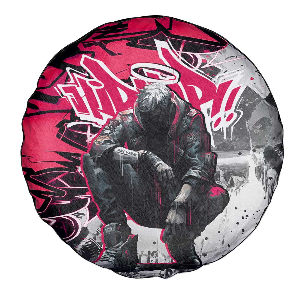 Hip Hop Graffiti Design Spare Tire Cover Sitting Hooded Figure and Red Black Street Art Elements TS04