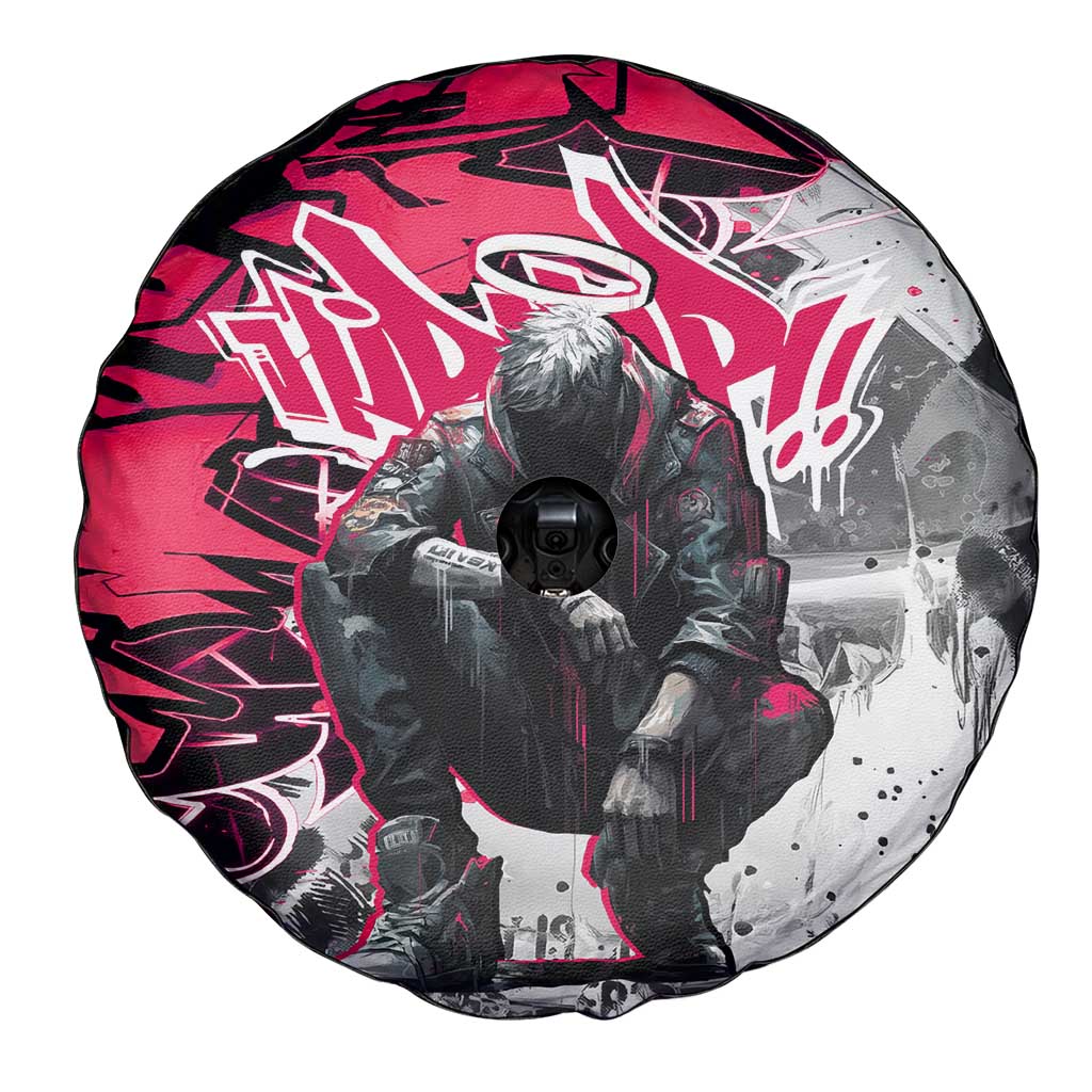 Hip Hop Graffiti Design Spare Tire Cover Sitting Hooded Figure and Red Black Street Art Elements TS04