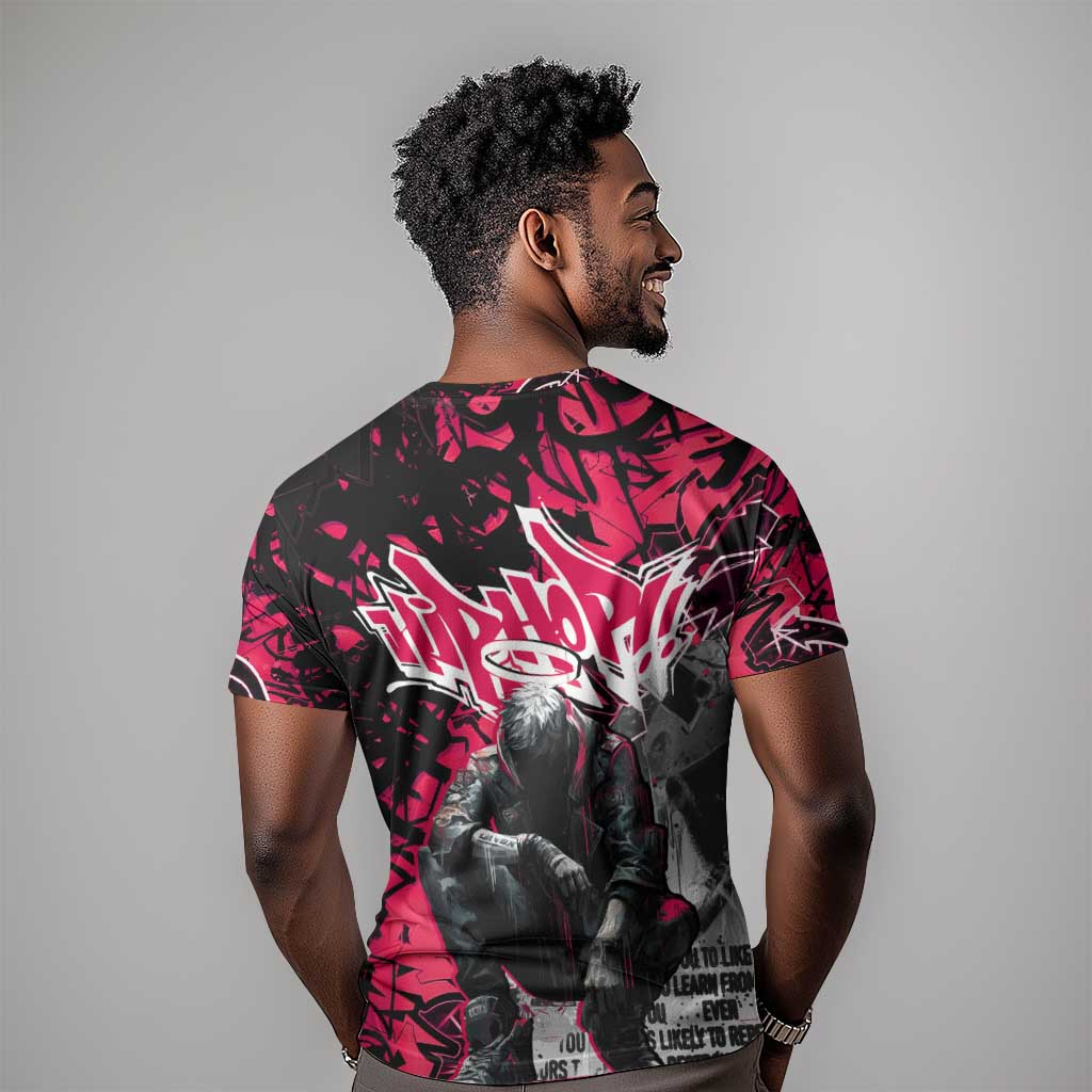 Hip Hop Graffiti Design T shirt Sitting Hooded Figure and Red Black Street TS04