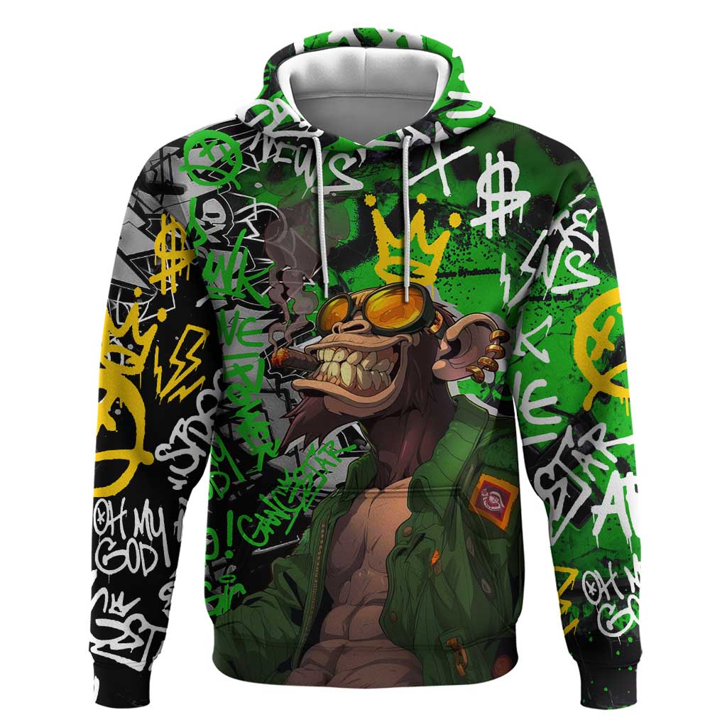 Graffiti Street Art Hoodie Smoking Ape Character and Neon Crown Symbols in Green and Yellow Graphic Design TS04