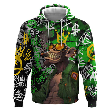 Graffiti Street Art Hoodie Smoking Ape Character and Neon Crown Symbols in Green and Yellow Graphic Design TS04