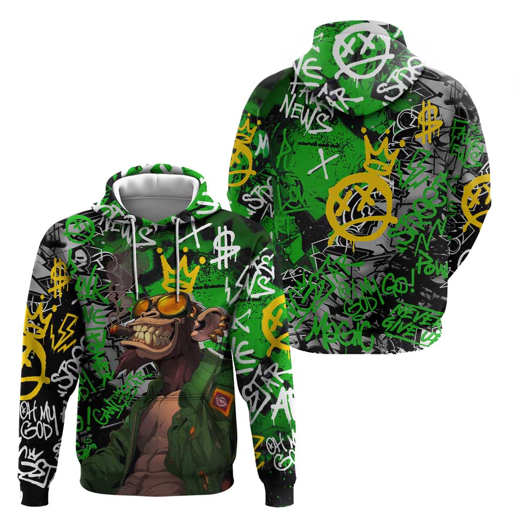 Graffiti Street Art Hoodie Smoking Ape Character and Neon Crown Symbols in Green and Yellow Graphic Design TS04