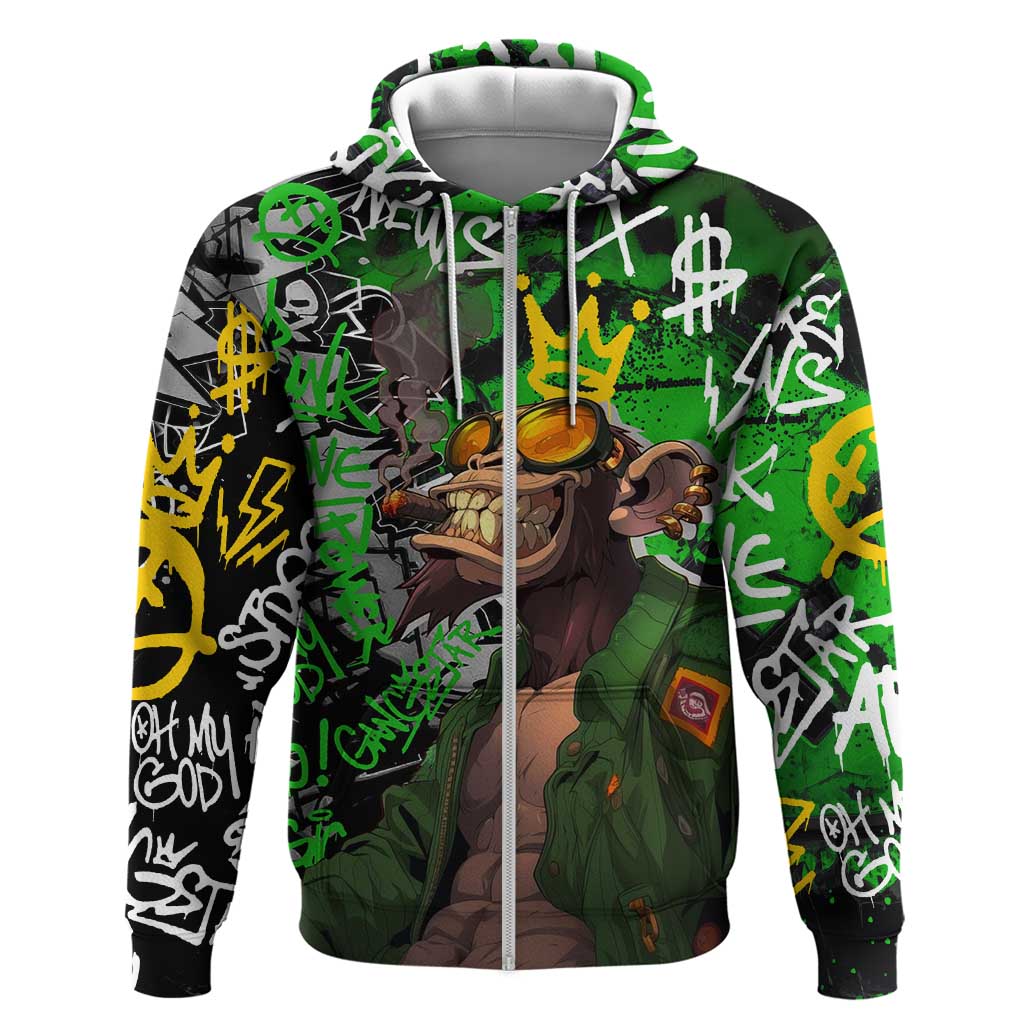 Graffiti Street Art Hoodie Smoking Ape Character and Neon Crown Symbols in Green and Yellow Graphic Design TS04