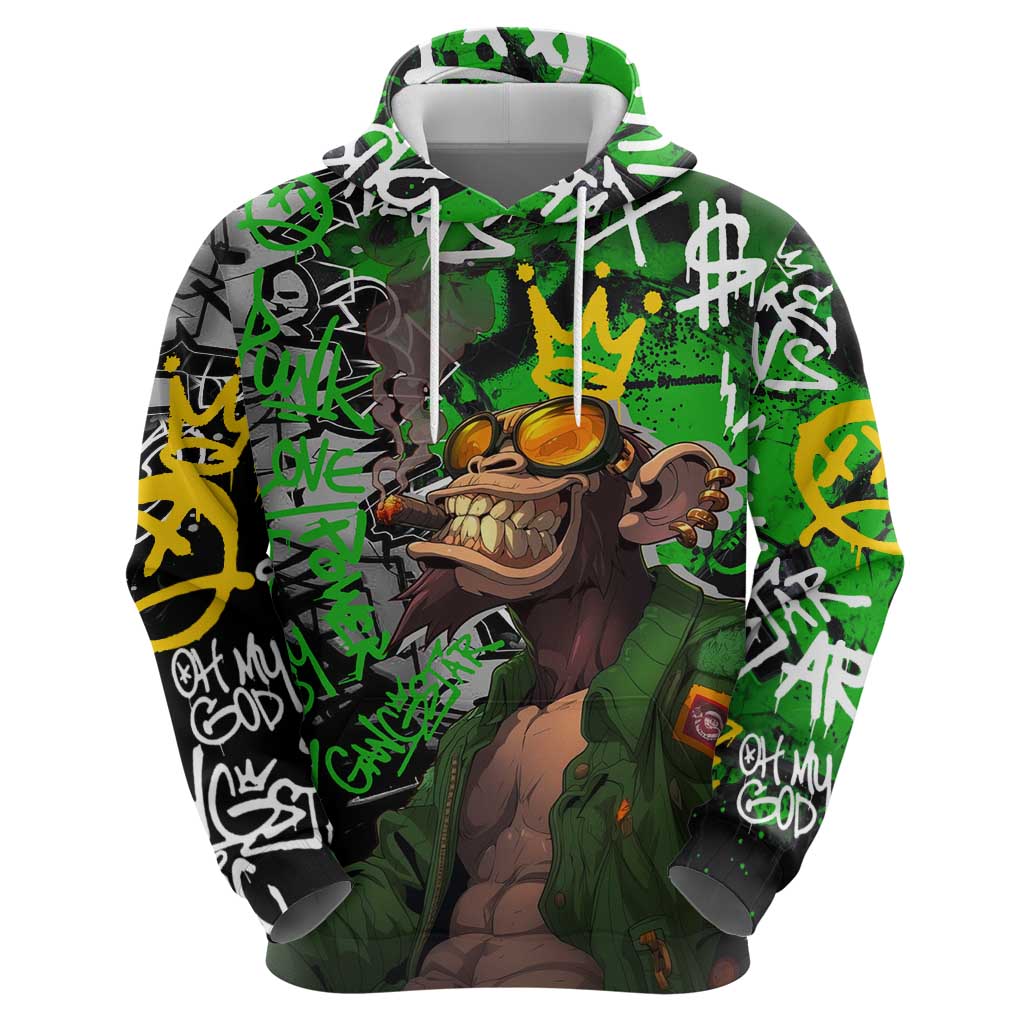 Graffiti Street Art Hoodie Smoking Ape Character and Neon Crown Symbols in Green and Yellow Graphic Design TS04