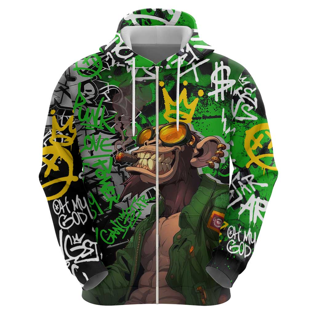 Graffiti Street Art Hoodie Smoking Ape Character and Neon Crown Symbols in Green and Yellow Graphic Design TS04