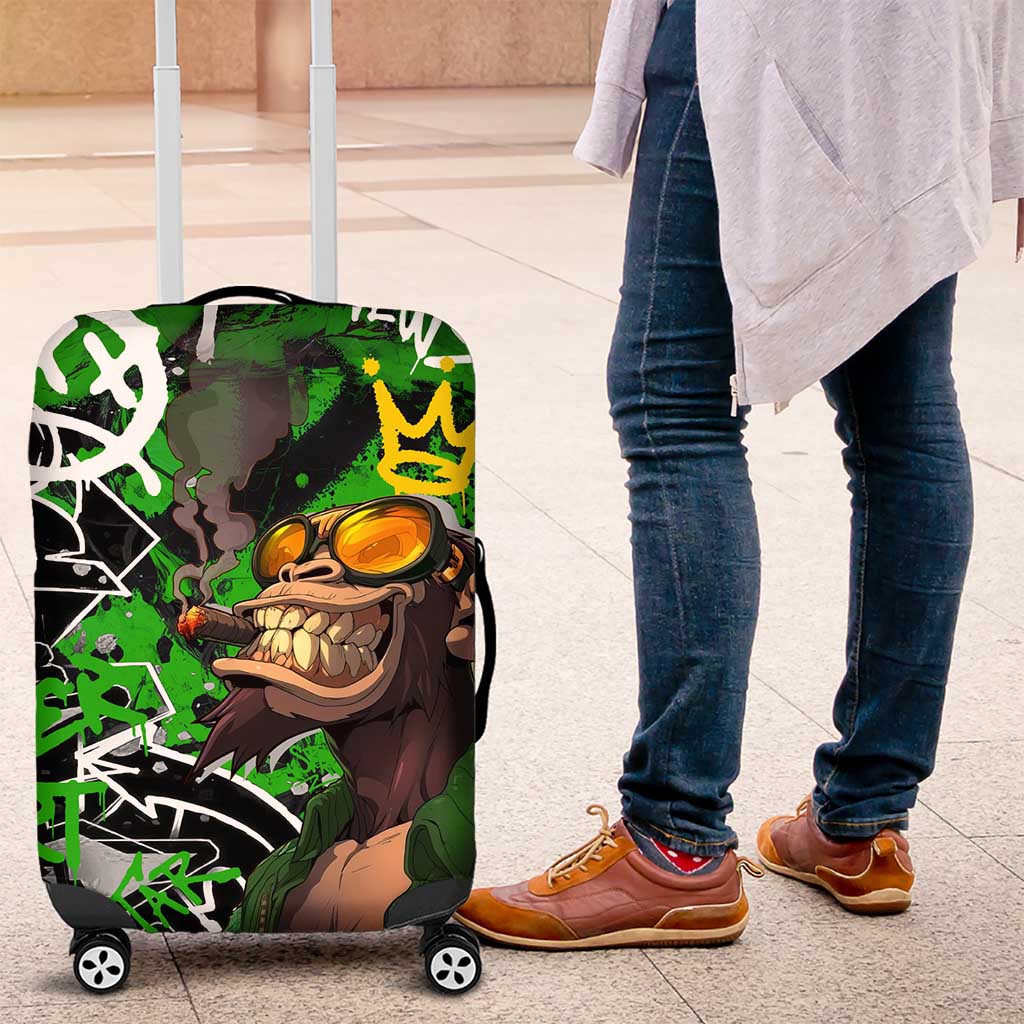 Graffiti Street Art Luggage Cover Smoking Ape Character and Neon Crown Symbols in Green and Yellow Graphic Design TS04