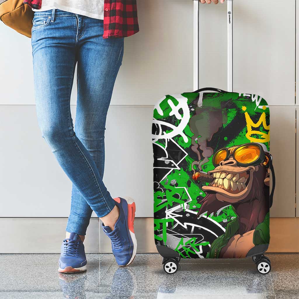 Graffiti Street Art Luggage Cover Smoking Ape Character and Neon Crown Symbols in Green and Yellow Graphic Design TS04