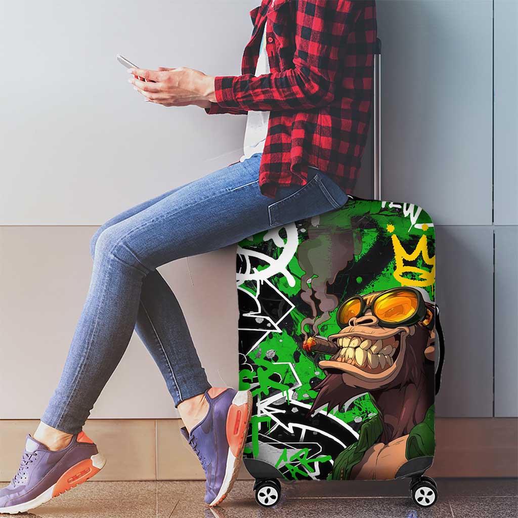 Graffiti Street Art Luggage Cover Smoking Ape Character and Neon Crown Symbols in Green and Yellow Graphic Design TS04