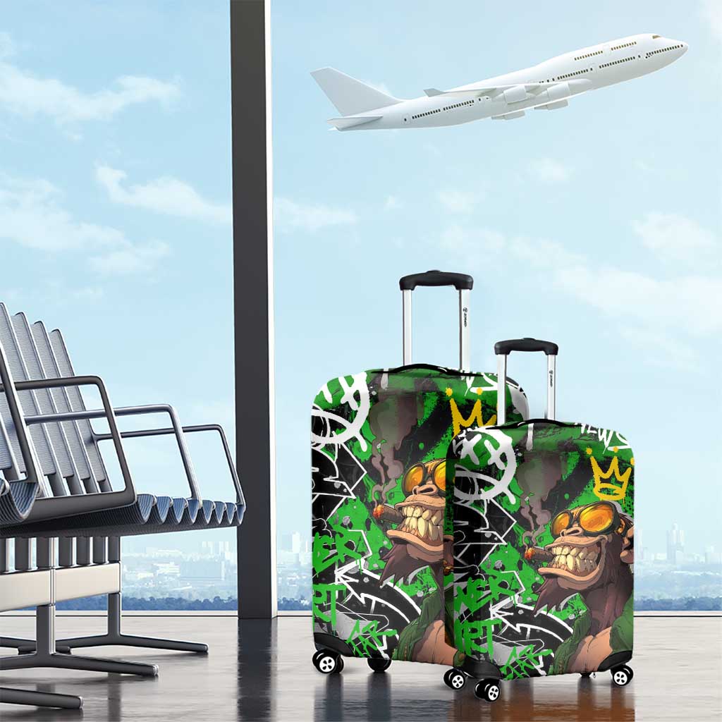 Graffiti Street Art Luggage Cover Smoking Ape Character and Neon Crown Symbols in Green and Yellow Graphic Design TS04