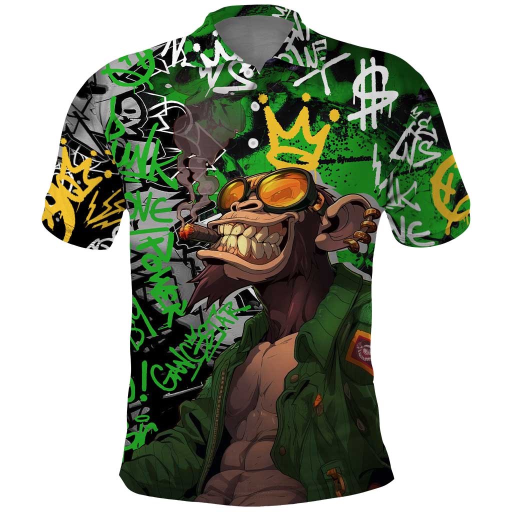 Graffiti Street Art Polo Shirt Smoking Ape Character and Neon Crown Symbols in Green and Yellow Graphic Design TS04