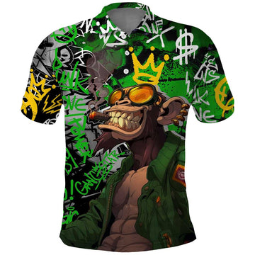 Graffiti Street Art Polo Shirt Smoking Ape Character and Neon Crown Symbols in Green and Yellow Graphic Design TS04