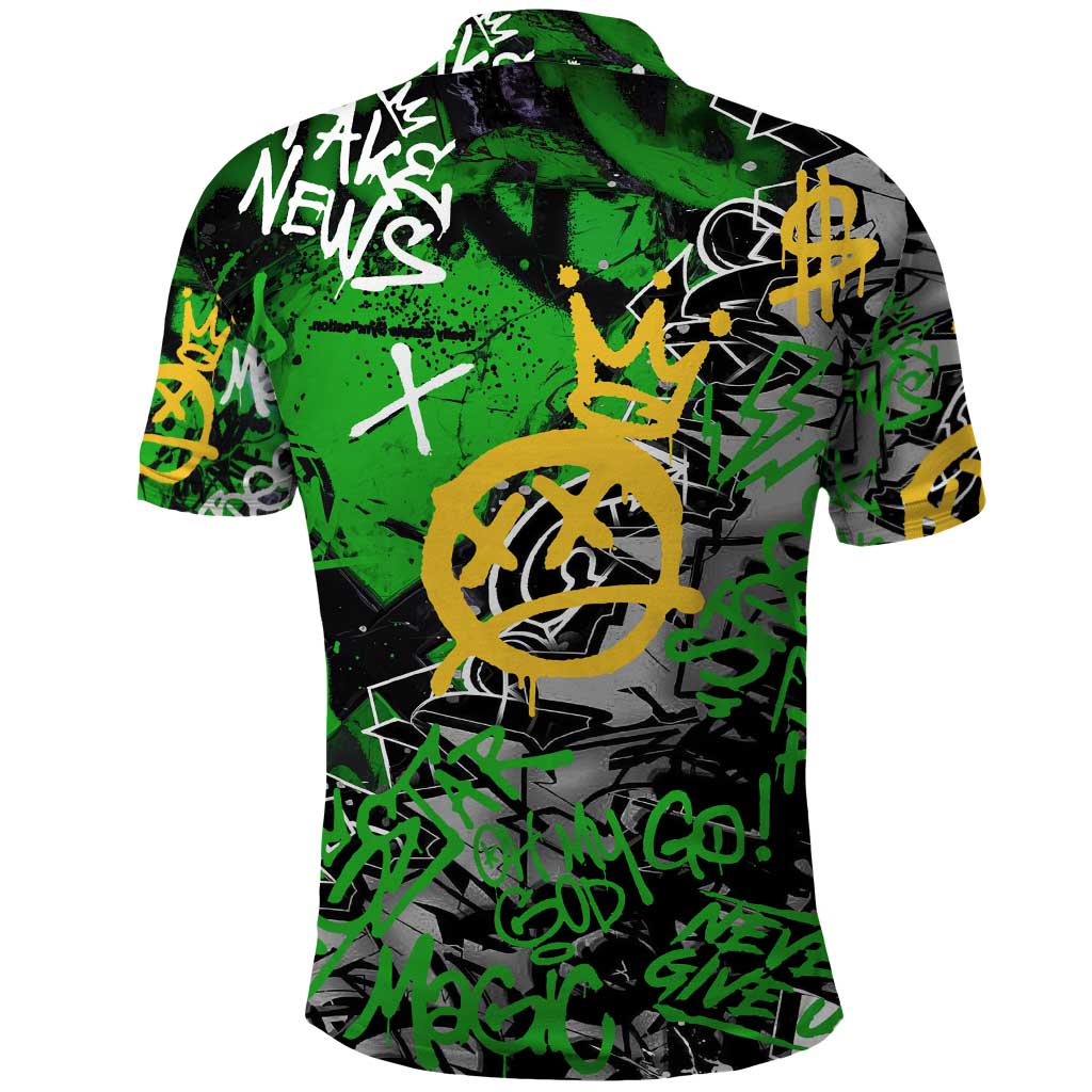 Graffiti Street Art Polo Shirt Smoking Ape Character and Neon Crown Symbols in Green and Yellow Graphic Design TS04