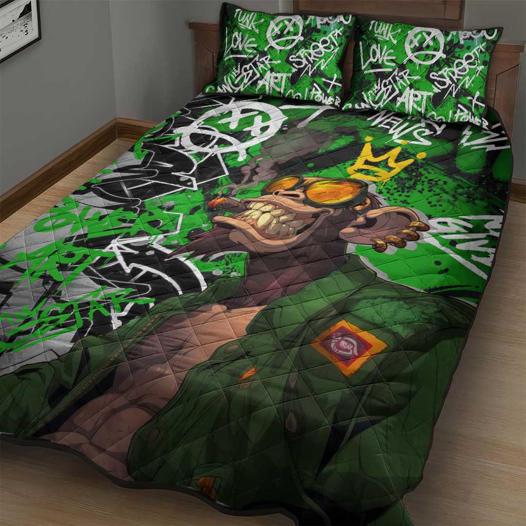 Graffiti Street Art Quilt Bed Set Smoking Ape Character and Neon Crown Symbols TS04