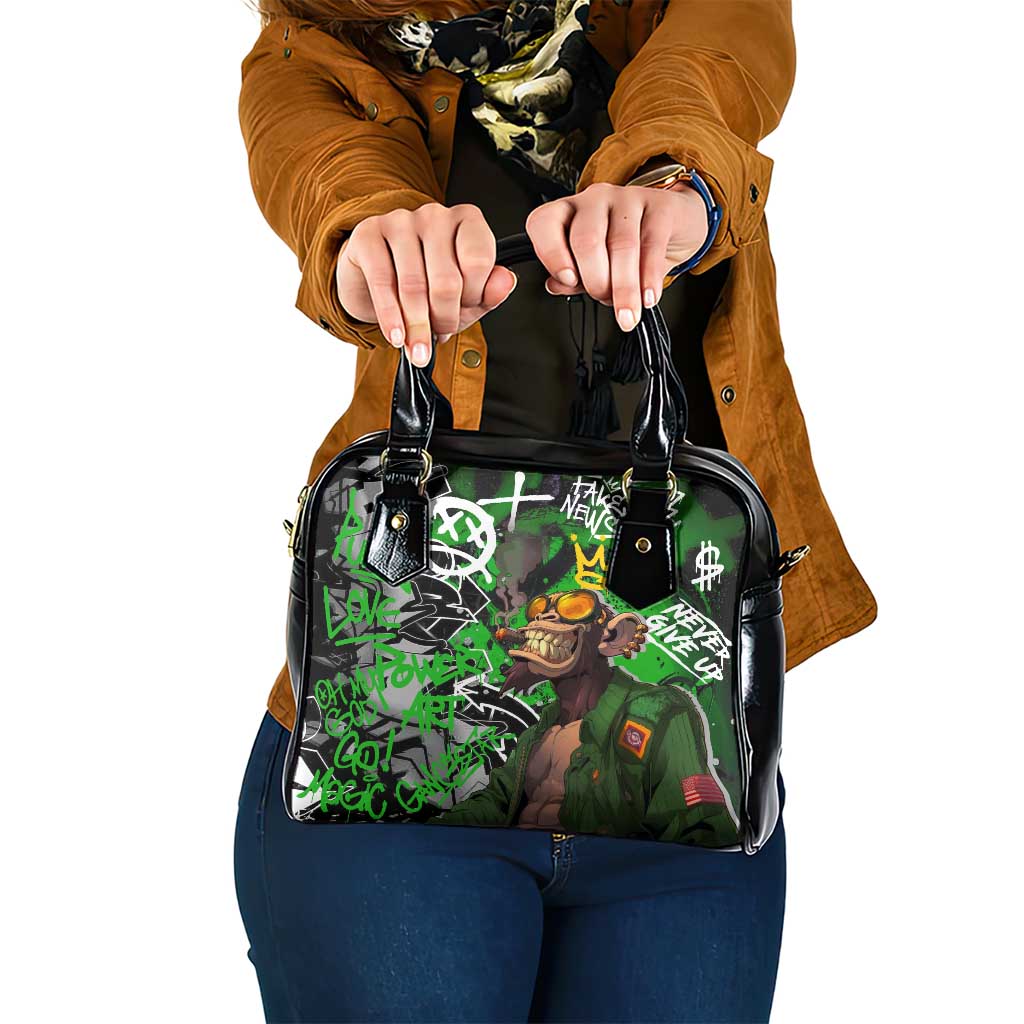Graffiti Street Art Shoulder Handbag Smoking Ape Character and Neon Crown Symbols in Green and Yellow Graphic Design TS04