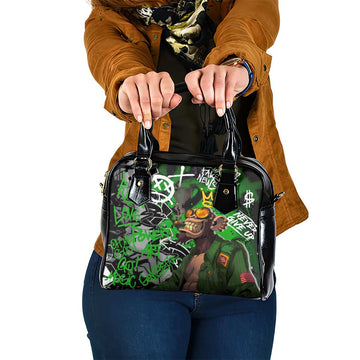 Graffiti Street Art Shoulder Handbag Smoking Ape Character and Neon Crown Symbols in Green and Yellow Graphic Design TS04