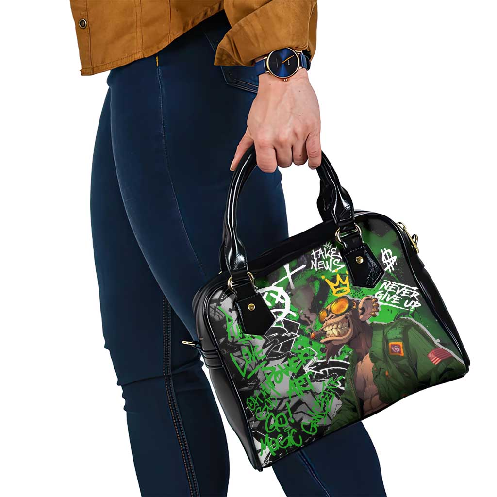 Graffiti Street Art Shoulder Handbag Smoking Ape Character and Neon Crown Symbols in Green and Yellow Graphic Design TS04