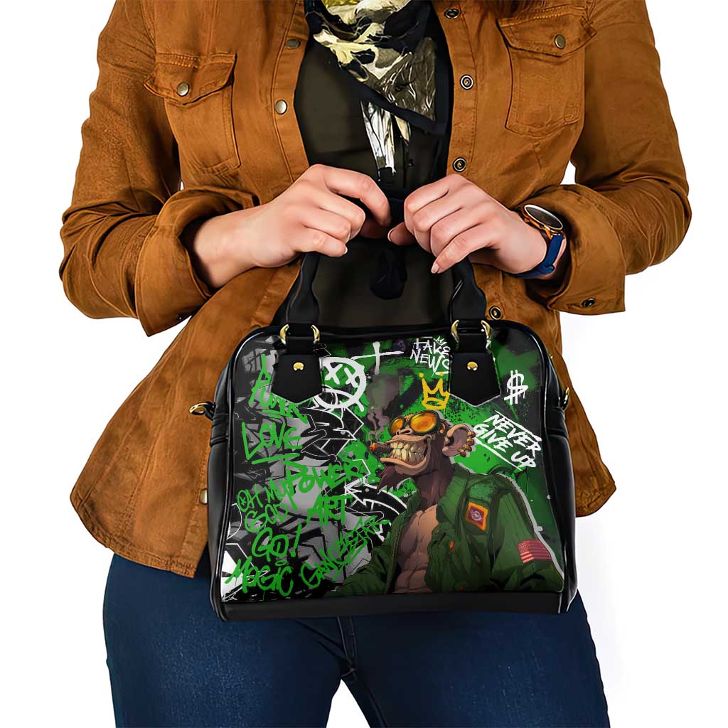 Graffiti Street Art Shoulder Handbag Smoking Ape Character and Neon Crown Symbols in Green and Yellow Graphic Design TS04