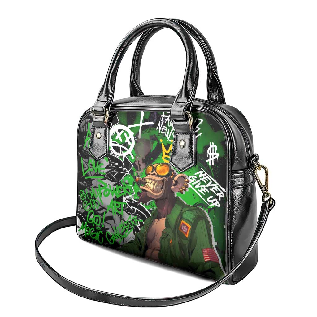 Graffiti Street Art Shoulder Handbag Smoking Ape Character and Neon Crown Symbols in Green and Yellow Graphic Design TS04