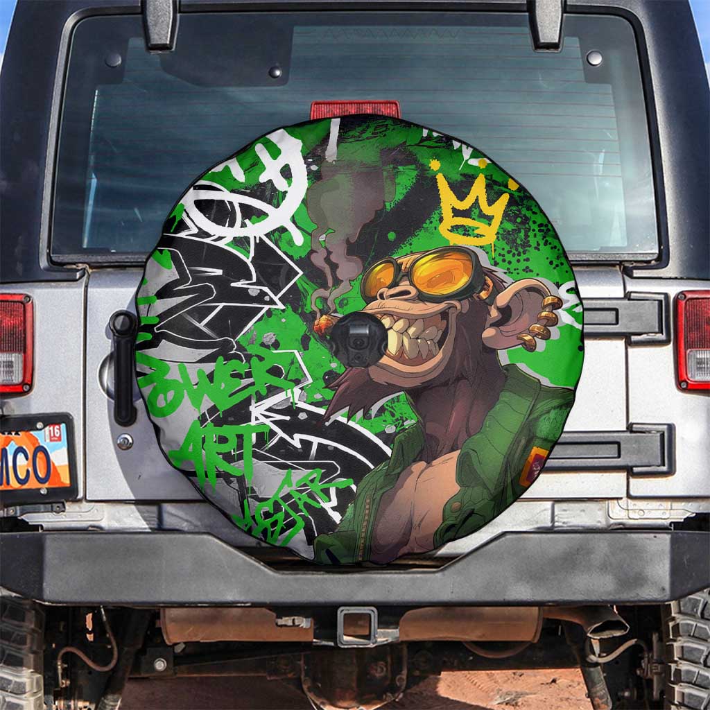 Graffiti Street Art Spare Tire Cover Smoking Ape Character and Neon Crown Symbols in Green and Yellow Graphic Design TS04