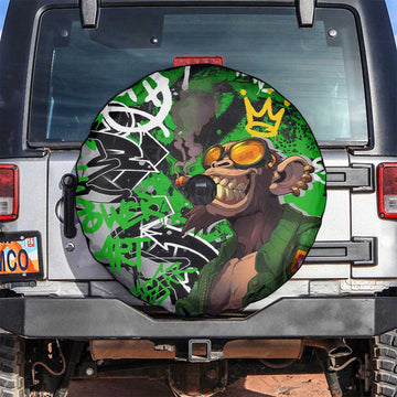 Graffiti Street Art Spare Tire Cover Smoking Ape Character and Neon Crown Symbols in Green and Yellow Graphic Design TS04