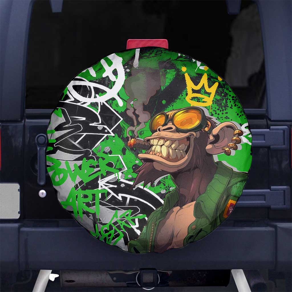 Graffiti Street Art Spare Tire Cover Smoking Ape Character and Neon Crown Symbols in Green and Yellow Graphic Design TS04