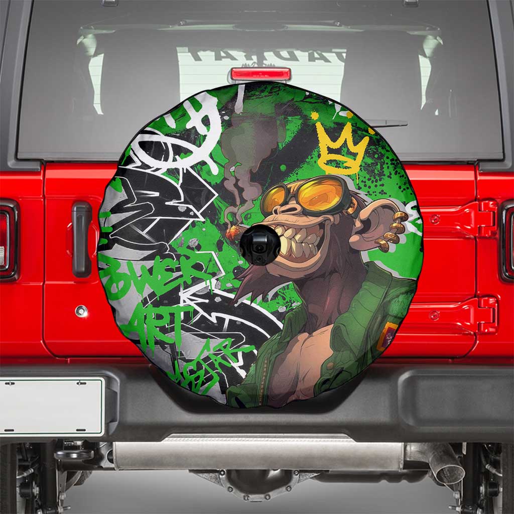 Graffiti Street Art Spare Tire Cover Smoking Ape Character and Neon Crown Symbols in Green and Yellow Graphic Design TS04