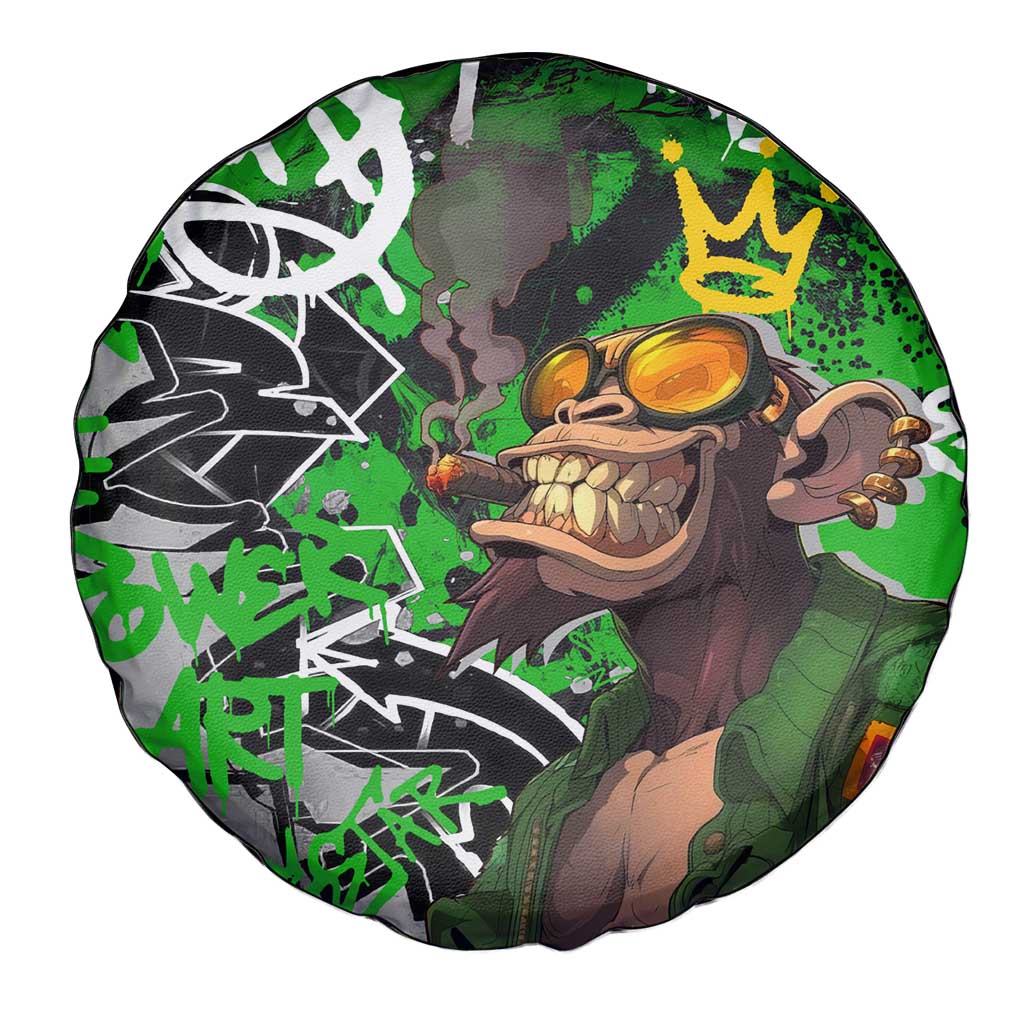 Graffiti Street Art Spare Tire Cover Smoking Ape Character and Neon Crown Symbols in Green and Yellow Graphic Design TS04