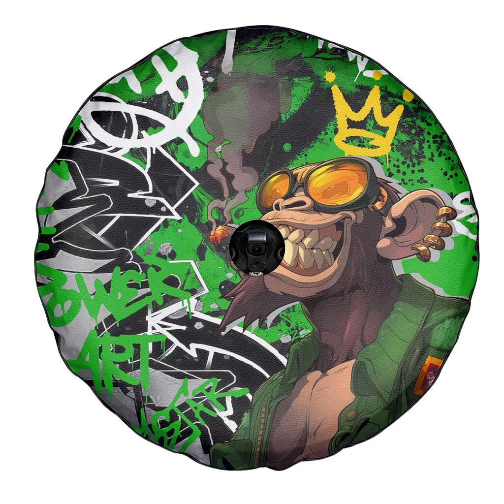 Graffiti Street Art Spare Tire Cover Smoking Ape Character and Neon Crown Symbols in Green and Yellow Graphic Design TS04